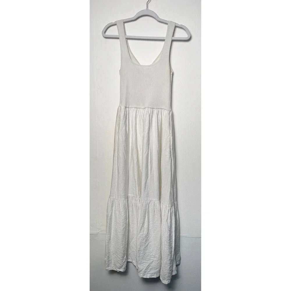 &merci White V-Neck Ribbed Knit Mixed Media Tiered Maxi Dress with Pockets M - Picture 8 of 8